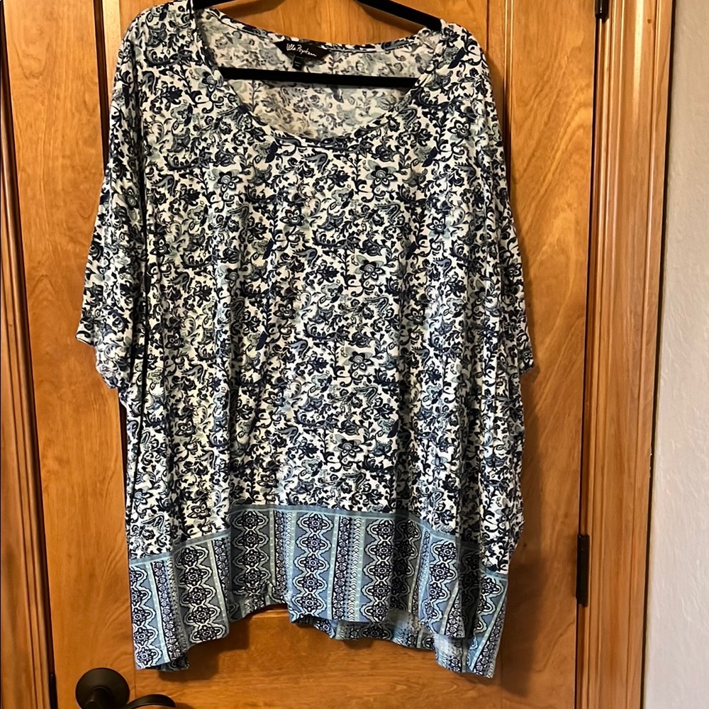 Ulla Popken Floral Blue and White Top